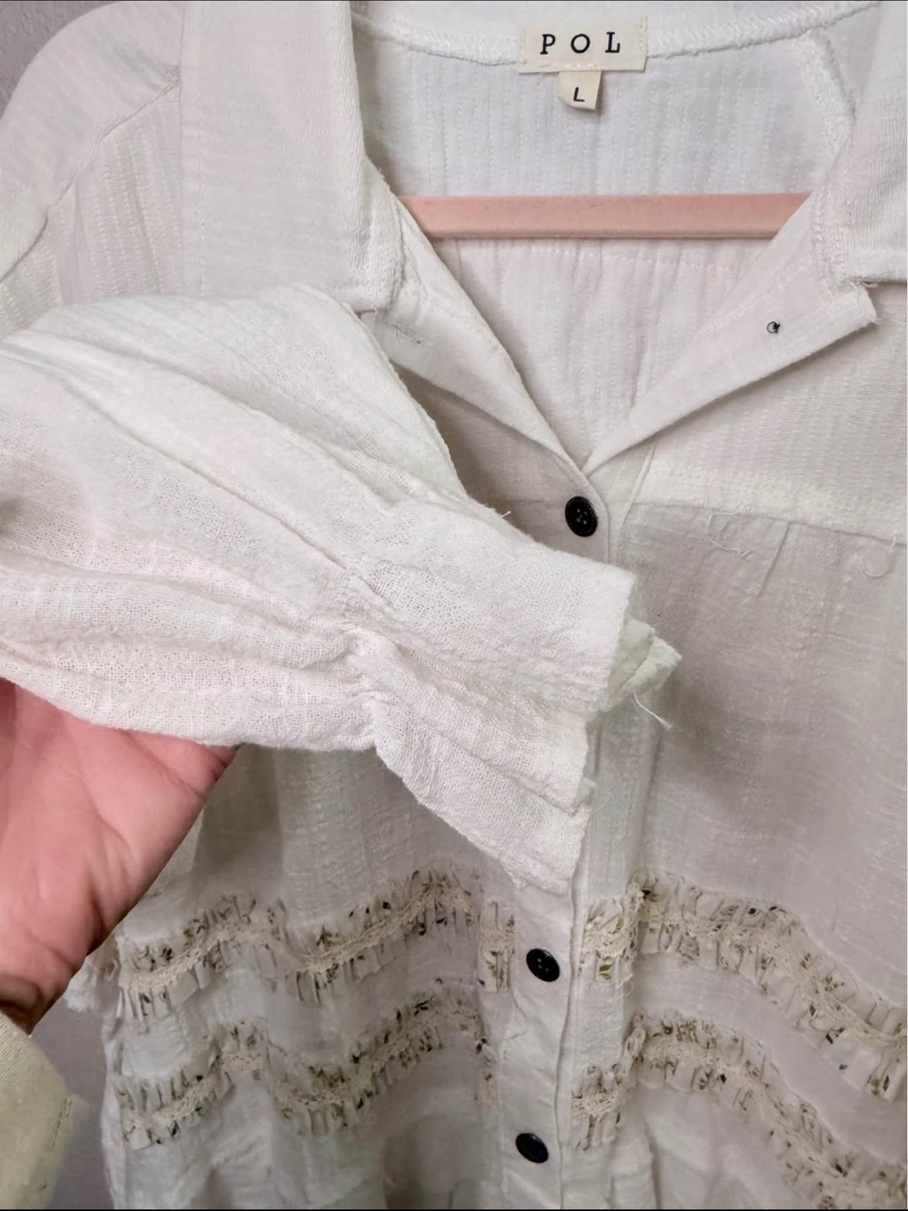 POL White Textured Button-Down Shirt with Fringe Trim - Picture 3 of 6